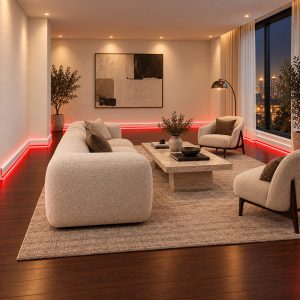 Modern salonda kırmızı LED aydınlatmayla uygulanan ASL001 10 cm polimer ledli süpürgelik