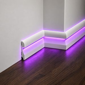 Mor LED aydınlatmalı ASL002 12 cm polimer ledli lake süpürgeliğin iç ve dış köşe birleşimleri