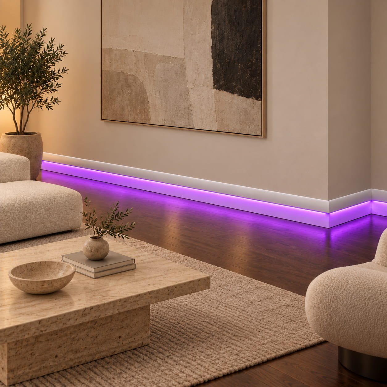 Modern iç mekânda parke boyunca mor ışık yayan ASL002 12 cm LED kanallı lake süpürgelik