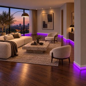 Geniş salonda mor LED ışıkla kullanılan Dekoros ASL002 12 cm polimer lake süpürgelik