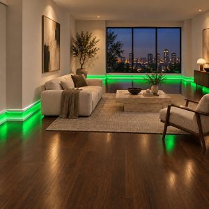 Modern salonda yeşil LED ışıkla uygulanan Dekoros ASL004 11 cm polimer lake süpürgelik