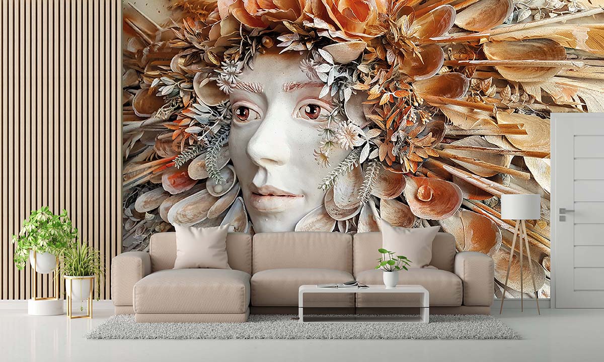Deniz Kabuklu Kadın Yüzü 3 Boyutlu Duvar Kağıdı C1775