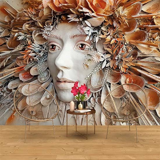 Deniz Kabuklu Kadın Yüzü 3 Boyutlu Duvar Kağıdı C1775