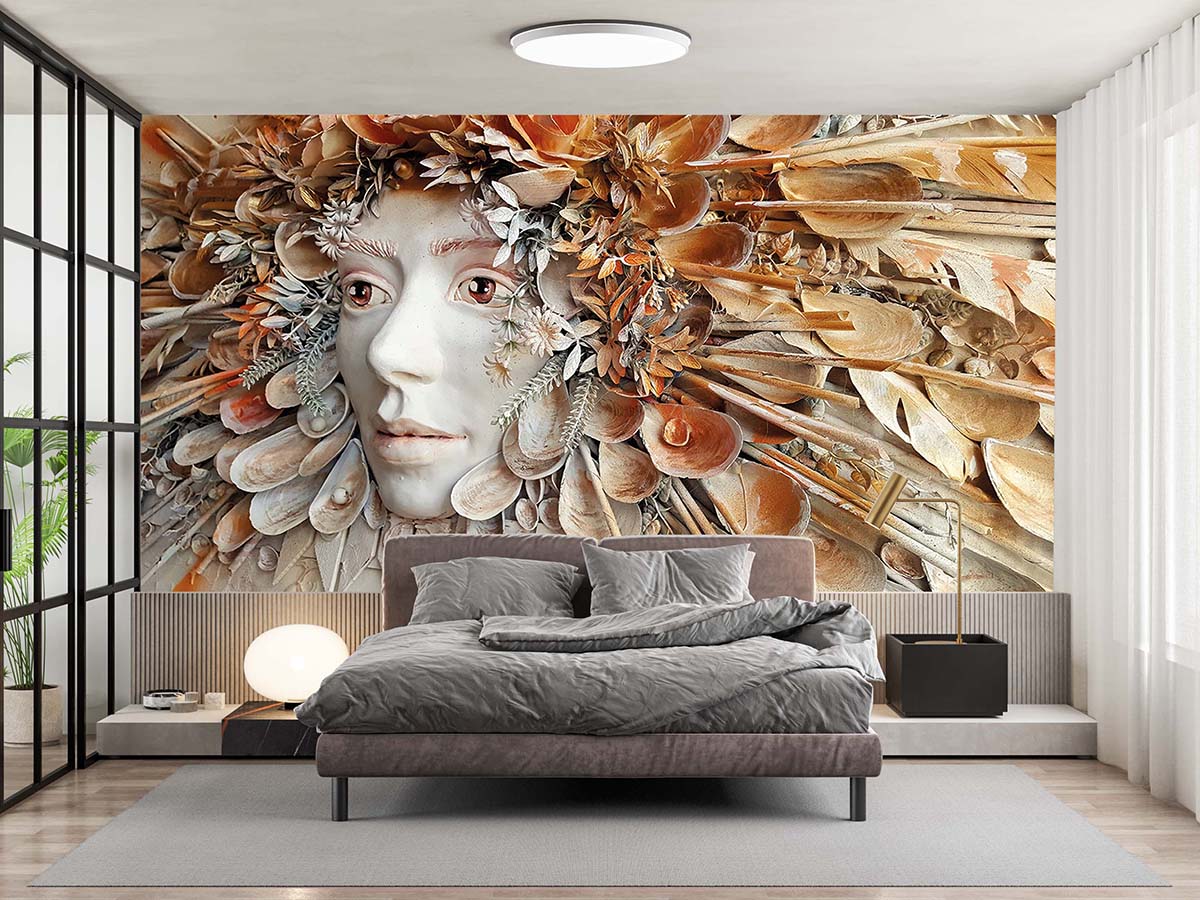 Deniz Kabuklu Kadın Yüzü 3 Boyutlu Duvar Kağıdı C1775