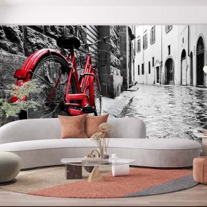 Duvar Kağıdı Arnavut Kaldırımı Sokakta Kırmızı Bisiklet F1235