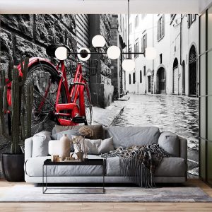 Duvar Kağıdı Arnavut Kaldırımı Sokakta Kırmızı Bisiklet F1235