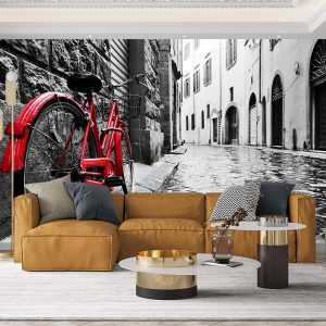 Duvar Kağıdı Arnavut Kaldırımı Sokakta Kırmızı Bisiklet F1235