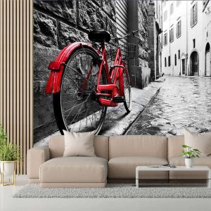 Duvar Kağıdı Arnavut Kaldırımı Sokakta Kırmızı Bisiklet F1235
