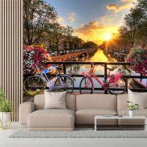 Duvar Kağıdı Köprüde Çiçekler ve Bisiklet Amsterdam Hollanda