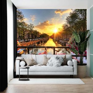 Duvar Kağıdı Köprüde Çiçekler ve Bisiklet Amsterdam Hollanda