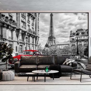 Duvar Kağıdı Paris Retro Kırmızı Araba C1605