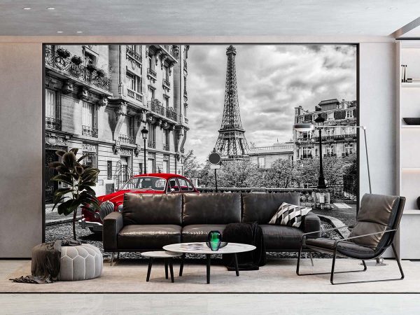 Duvar Kağıdı Paris Retro Kırmızı Araba C1605