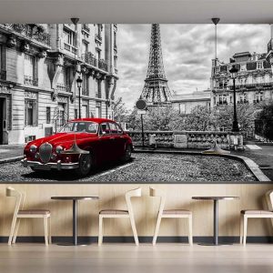 Duvar Kağıdı Paris Retro Kırmızı Araba C1605