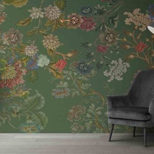 Yeşil Zeminli Çiçekli Duvar Kağıdı