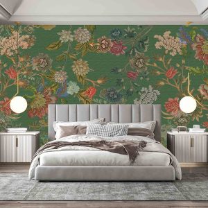 Yeşil Zeminli Çiçekli Duvar Kağıdı