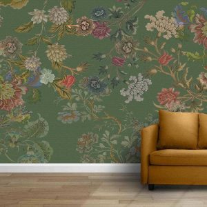 Yeşil Zeminli Çiçekli Duvar Kağıdı