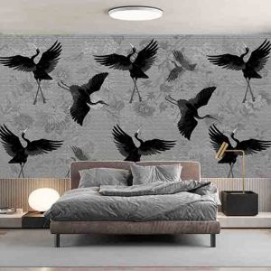 Siyah Zemin Japon Turnası Duvar Kağıdı H0046