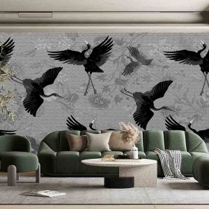 Siyah Zemin Japon Turnası Duvar Kağıdı H0046