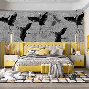 Siyah Zemin Japon Turnası Duvar Kağıdı H0046