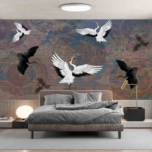 Pembe Çiçekli, Japon Turnası Duvar Kağıdı H0048