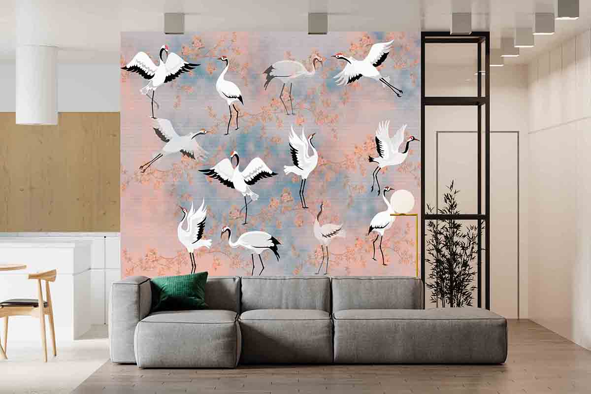 Pembe Çiçek, Japon Turnası Duvar Kağıdı H0051