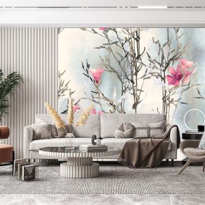 Çiçekli Beyaz Duvar Kağıdı P0004