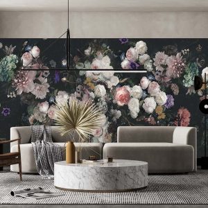 Çiçekli Koyu Zemin Duvar Kağıdı P0046