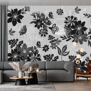 Siyah Beyaz Çiçek Gri Zemin Duvar Kağıdı H0135