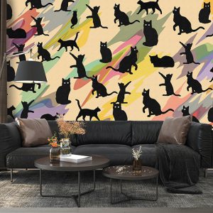 Kara Kedi Desen Pastel Renkler Dijital Baskı Duvar Kağıdı H0141