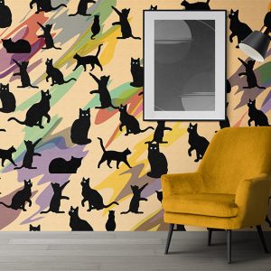 Kara Kedi Desen Pastel Renkler Dijital Baskı Duvar Kağıdı H0141