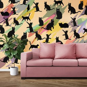 Kara Kedi Desen Pastel Renkler Dijital Baskı Duvar Kağıdı H0141