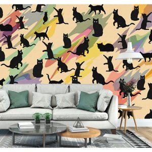 Kara Kedi Desen Pastel Renkler Dijital Baskı Duvar Kağıdı H0141