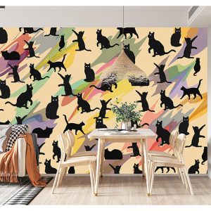 Kara Kedi Desen Pastel Renkler Dijital Baskı Duvar Kağıdı H0141