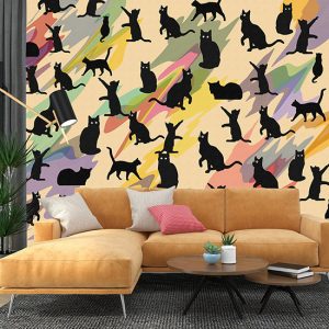 Kara Kedi Desen Pastel Renkler Dijital Baskı Duvar Kağıdı H0141