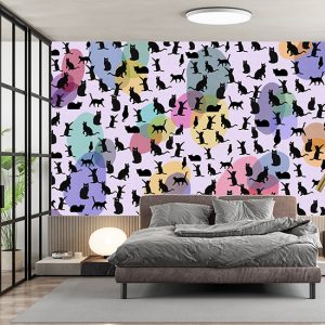 Mor Zemin Kara Kedi Desen Dijital Baskı Duvar Kağıdı H0142