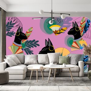 Pembe Zemin Mısır Kedileri Desenli Dijital Baskı Duvar Kağıdı H0143