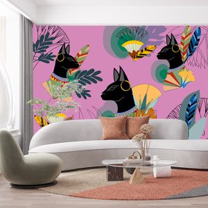 Pembe Zemin Mısır Kedileri Desenli Dijital Baskı Duvar Kağıdı H0143