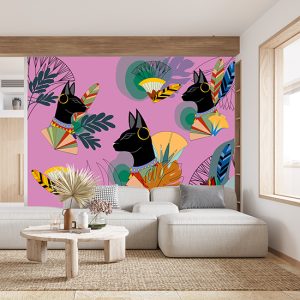 Pembe Zemin Mısır Kedileri Desenli Dijital Baskı Duvar Kağıdı H0143