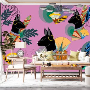 Pembe Zemin Mısır Kedileri Desenli Dijital Baskı Duvar Kağıdı H0143