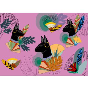Pembe Zemin Mısır Kedileri Desenli Dijital Baskı Duvar Kağıdı H0143