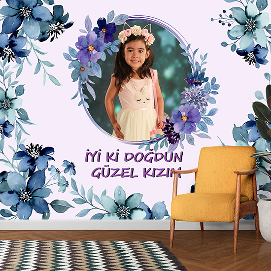 Kız Çocuğu Sulu Boya Çiçek Temalı Doğum Günü Parti Poster Duvar Kağıdı P0005