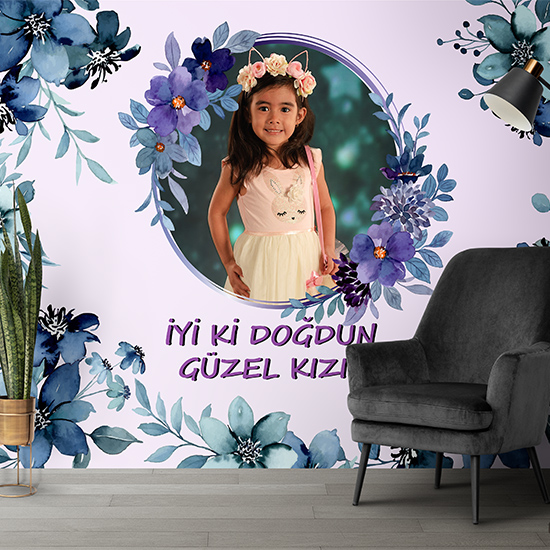 Kız Çocuğu Sulu Boya Çiçek Temalı Doğum Günü Parti Poster Duvar Kağıdı P0005