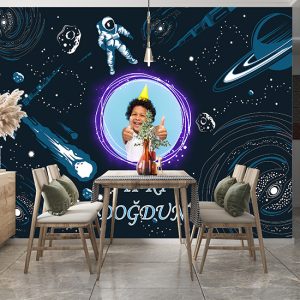 Astronot Ve Uzay Desenli Dijital Baskı Parti Afişi Duvar Kağıdı P0014