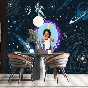 Astronot Ve Uzay Desenli Dijital Baskı Parti Afişi Duvar Kağıdı P0014