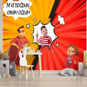 Süper Baba Ve Çocuk Doğum Günü İçin Resimli Parti Afişi Duvar Kağıdı P0018