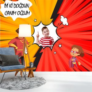 Süper Baba Ve Çocuk Doğum Günü İçin Resimli Parti Afişi Duvar Kağıdı P0018