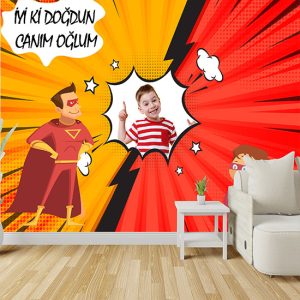 Süper Baba Ve Çocuk Doğum Günü İçin Resimli Parti Afişi Duvar Kağıdı P0018