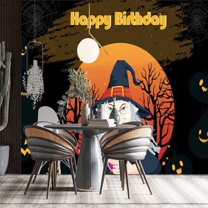 Cadı Temalı Doğum Günü İçin Resimli Parti Afişi Duvar Kağıdı P0020