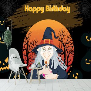 Cadı Temalı Doğum Günü İçin Resimli Parti Afişi Duvar Kağıdı P0020