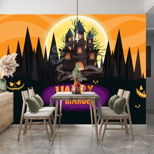 Cadı ve Bal kabağı Doğum Günü İçin Resimli Parti Afişi Duvar Kağıdı P0021